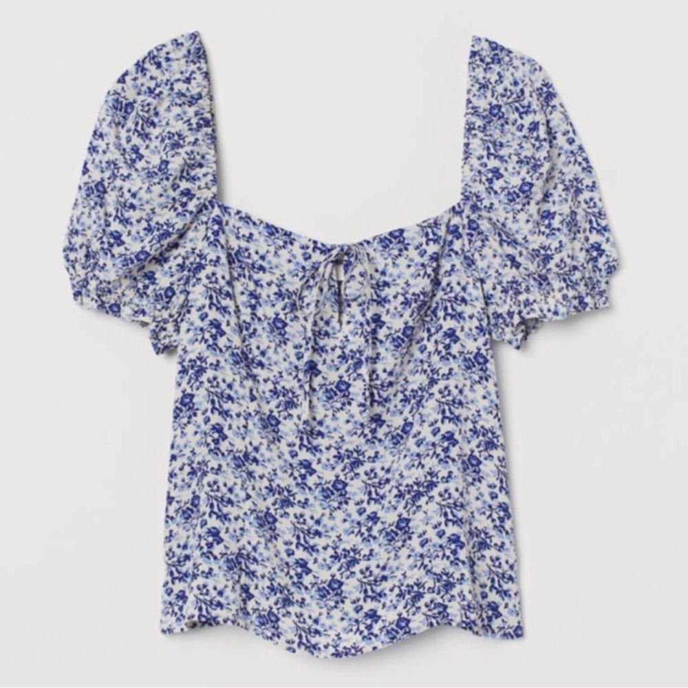 Floral Blue Puff Sleeve Top